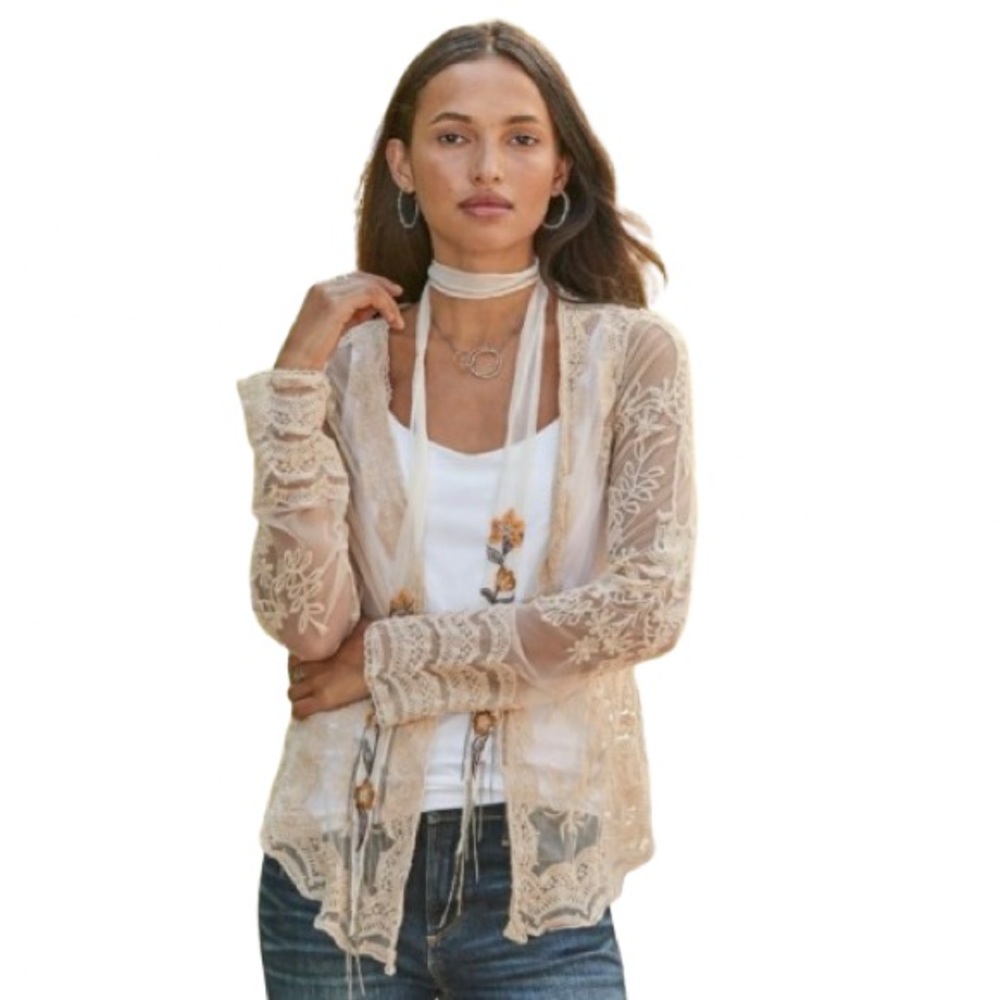 Sundance Women’s Journey Begins Open Front Cardigan Sz L Boho Lace Embroidered